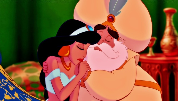 Jasmine com seu pai na animação de Aladdin